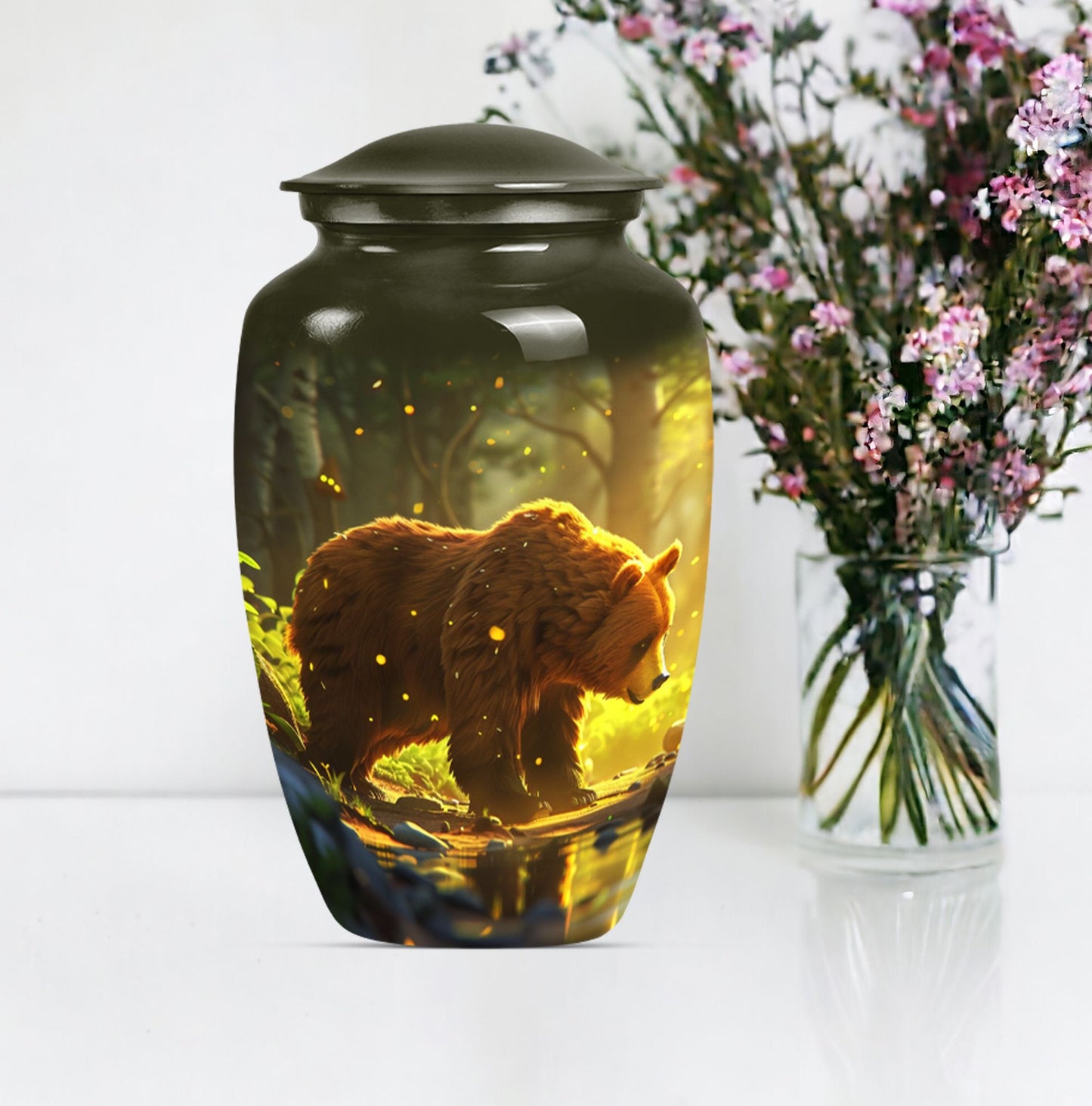 Classic 10-inch aluminum bear urn with butterfly theme, 