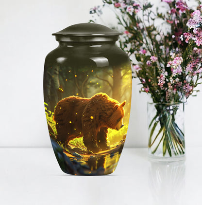 Classic 10-inch aluminum bear urn with butterfly theme, 