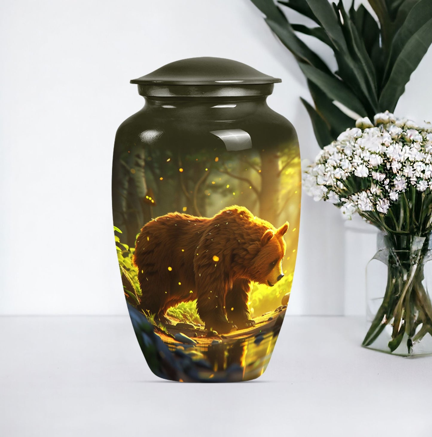 Classic 10-inch aluminum bear urn with butterfly theme, 