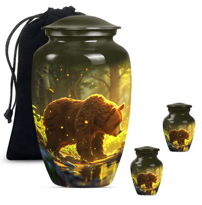 Classic 10-inch aluminum bear urn with butterfly theme, 