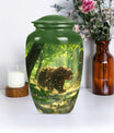 Classic 10-inch aluminium bear urn with butterfly theme.