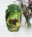 Classic 10-inch aluminium bear urn with butterfly theme.