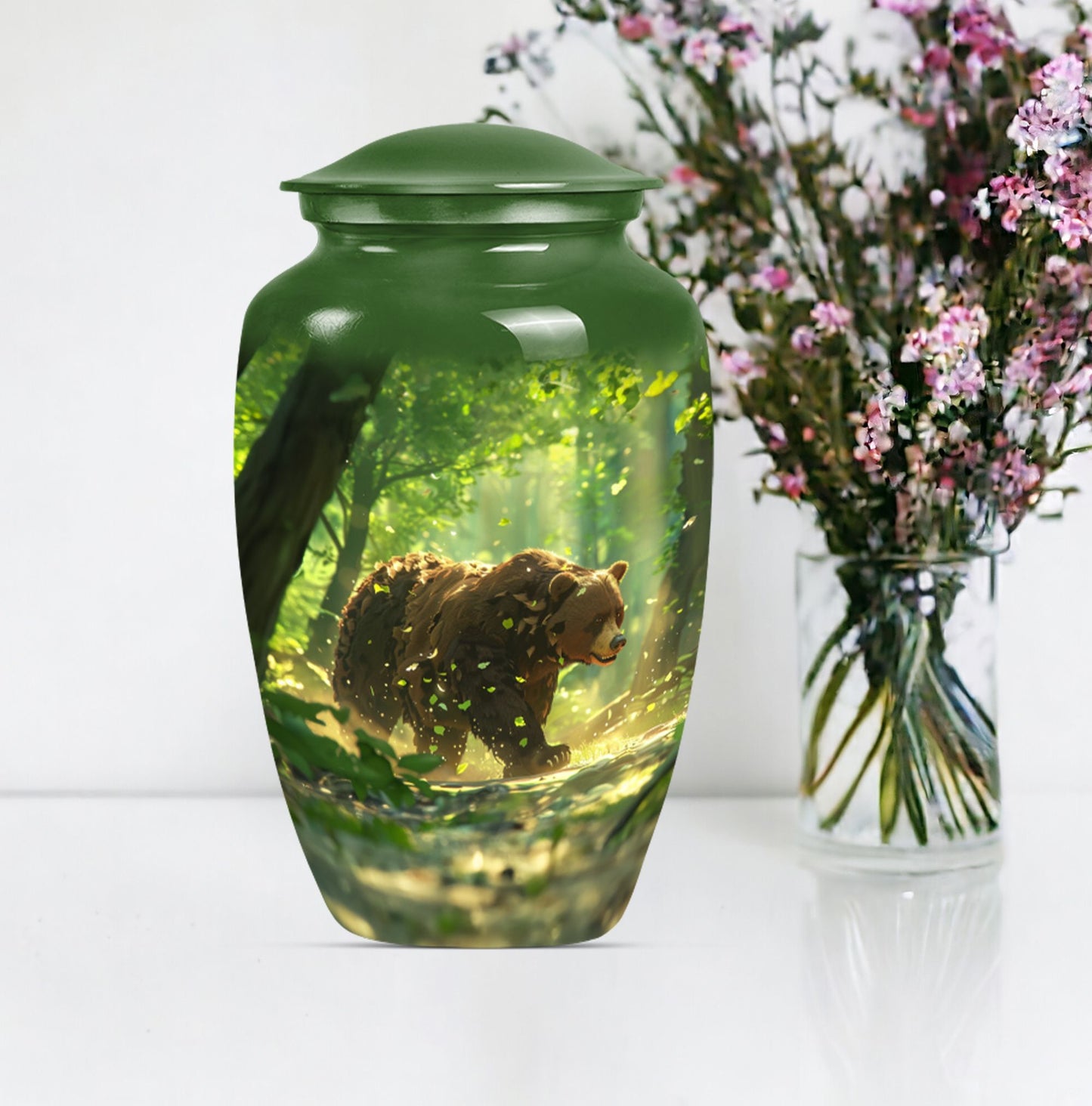 Classic 10-inch aluminium bear urn with butterfly theme.
