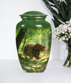 Classic 10-inch aluminium bear urn with butterfly theme.
