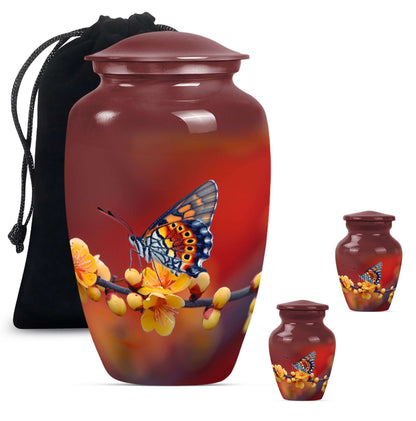 Butterfly Theme Large Urn With 2 Keepsake Urn