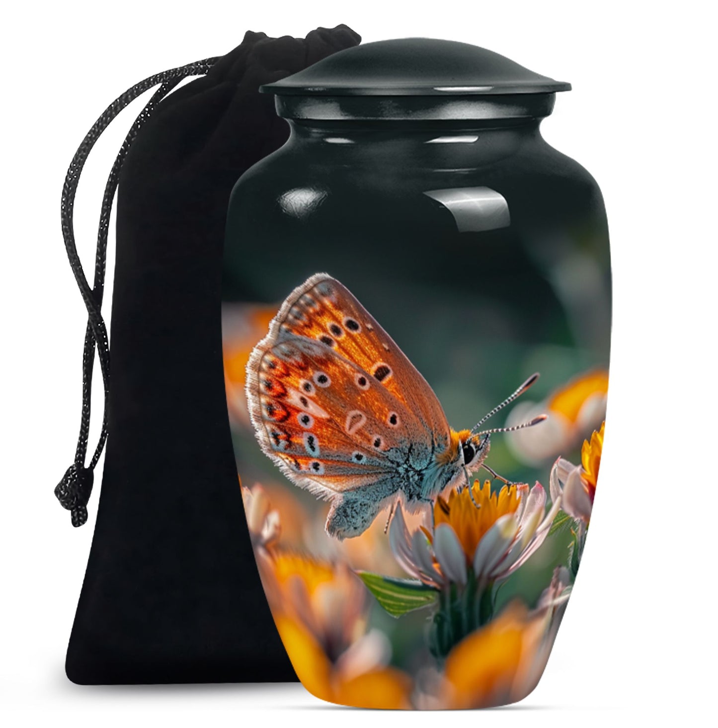 Classic 10-inch butterfly-themed cremation urn.