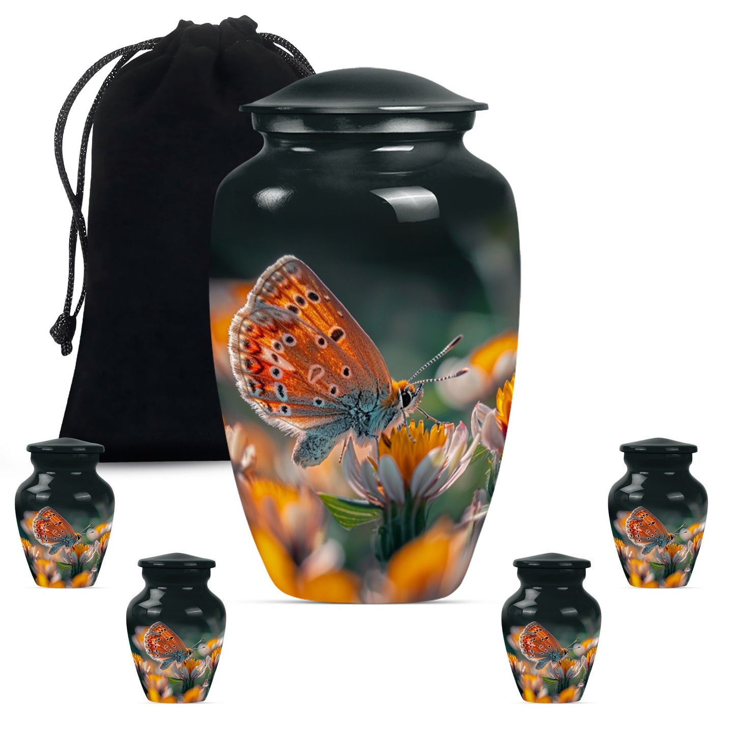 Classic 10-inch butterfly-themed cremation urn.