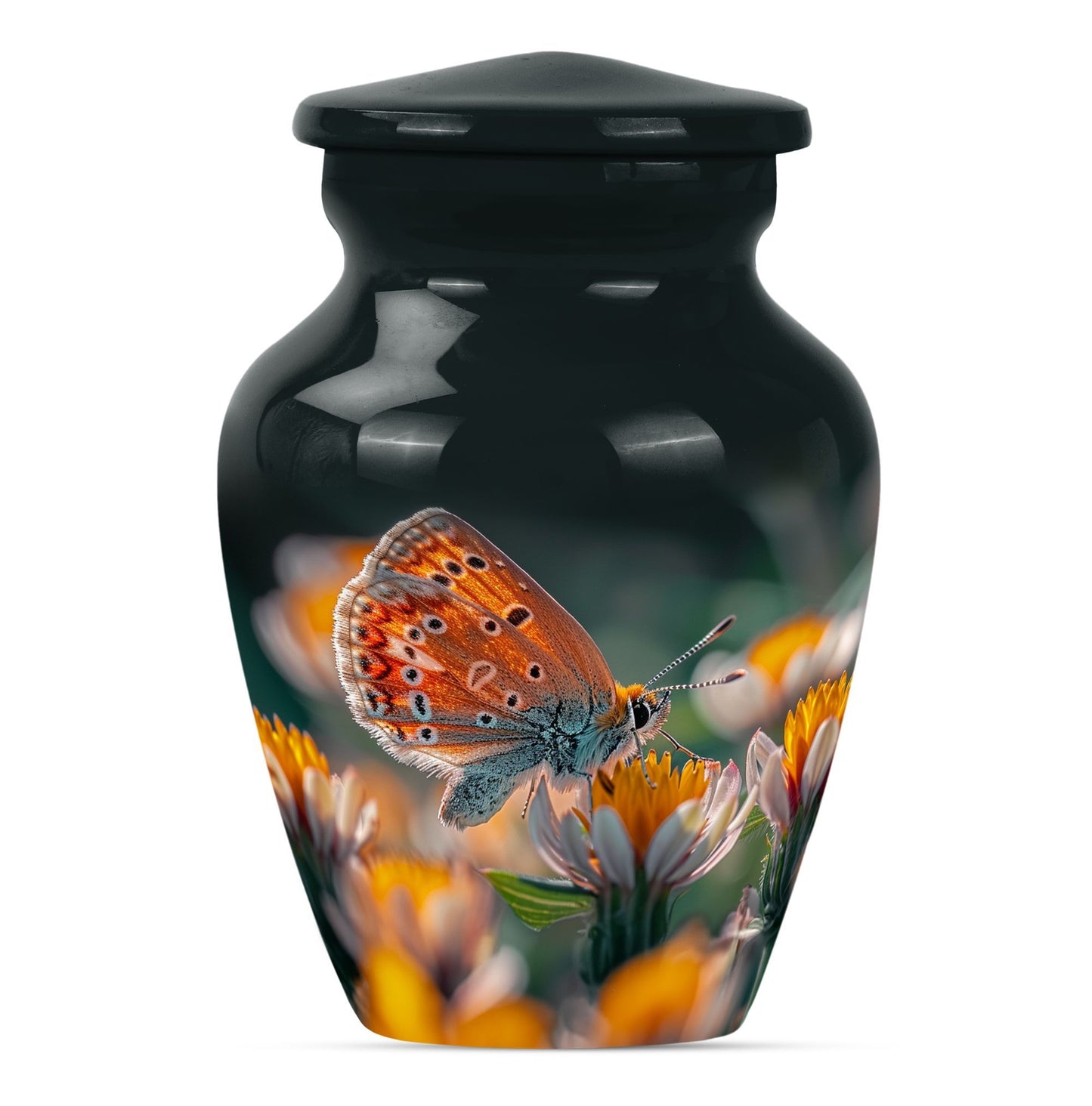 Classic 10-inch butterfly-themed cremation urn.