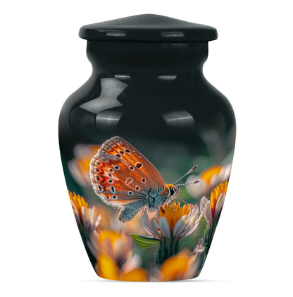 Classic 10-inch butterfly-themed cremation urn.