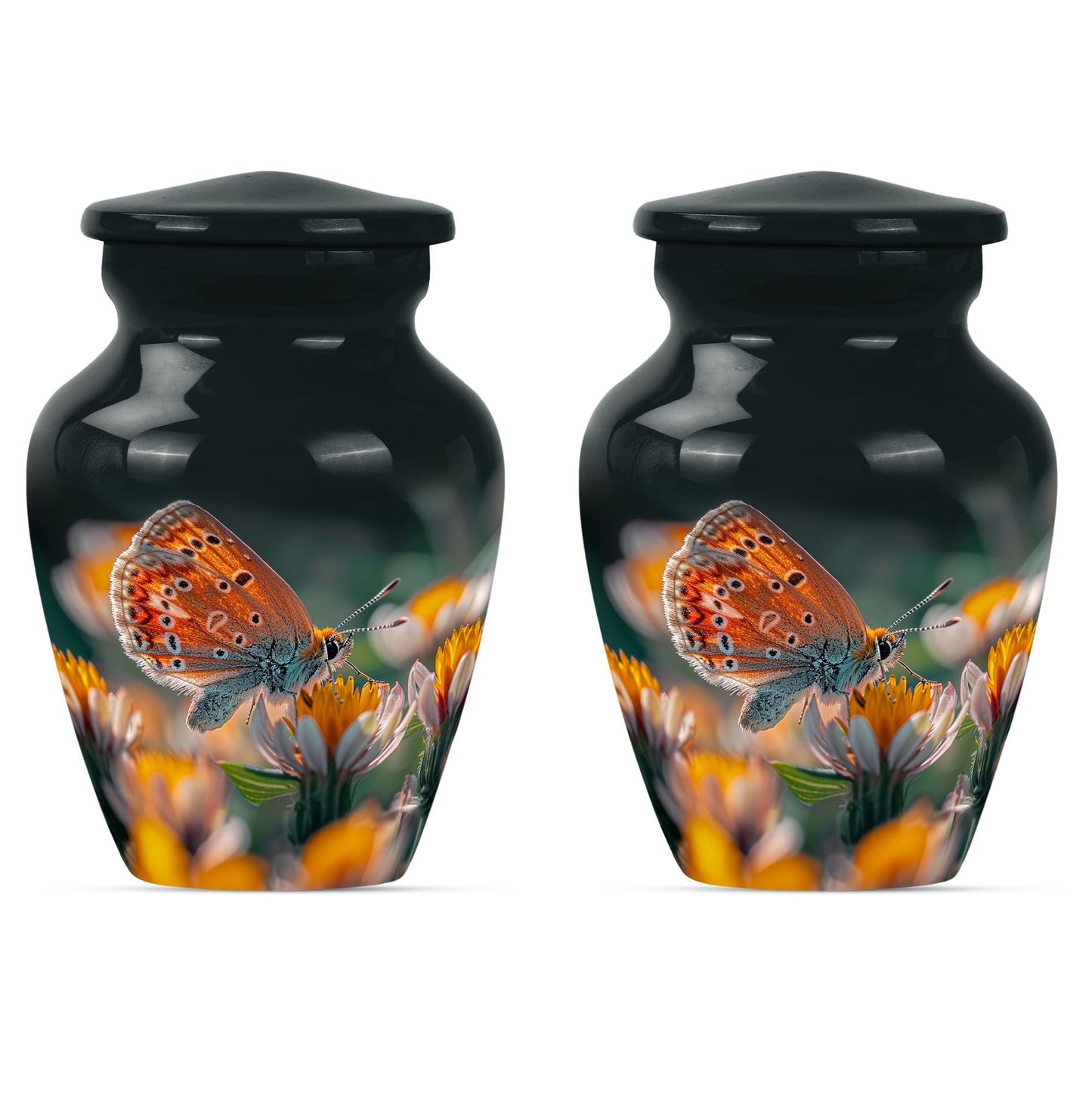 Classic 10-inch butterfly-themed cremation urn.