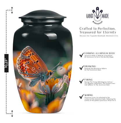 Classic 10-inch butterfly-themed cremation urn.