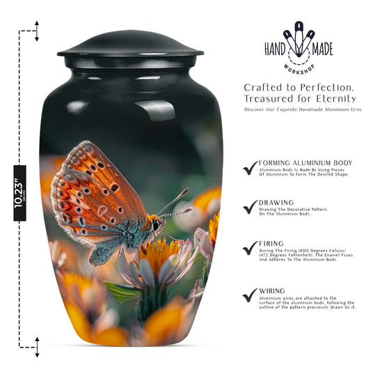 Classic 10-inch butterfly-themed cremation urn.