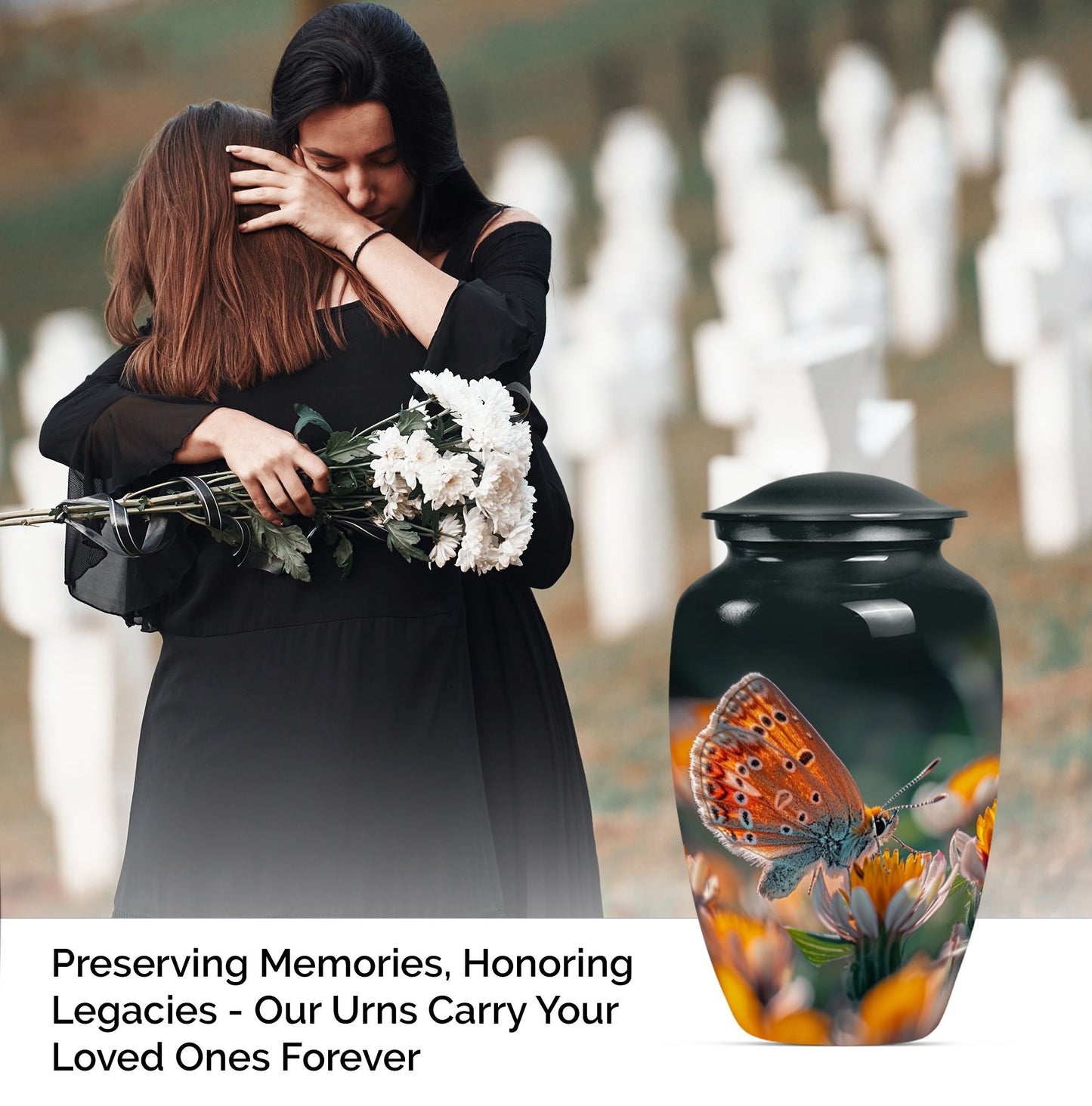 Classic 10-inch butterfly-themed cremation urn.