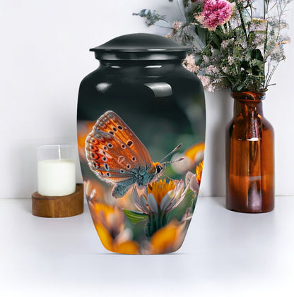 Classic 10-inch butterfly-themed cremation urn.