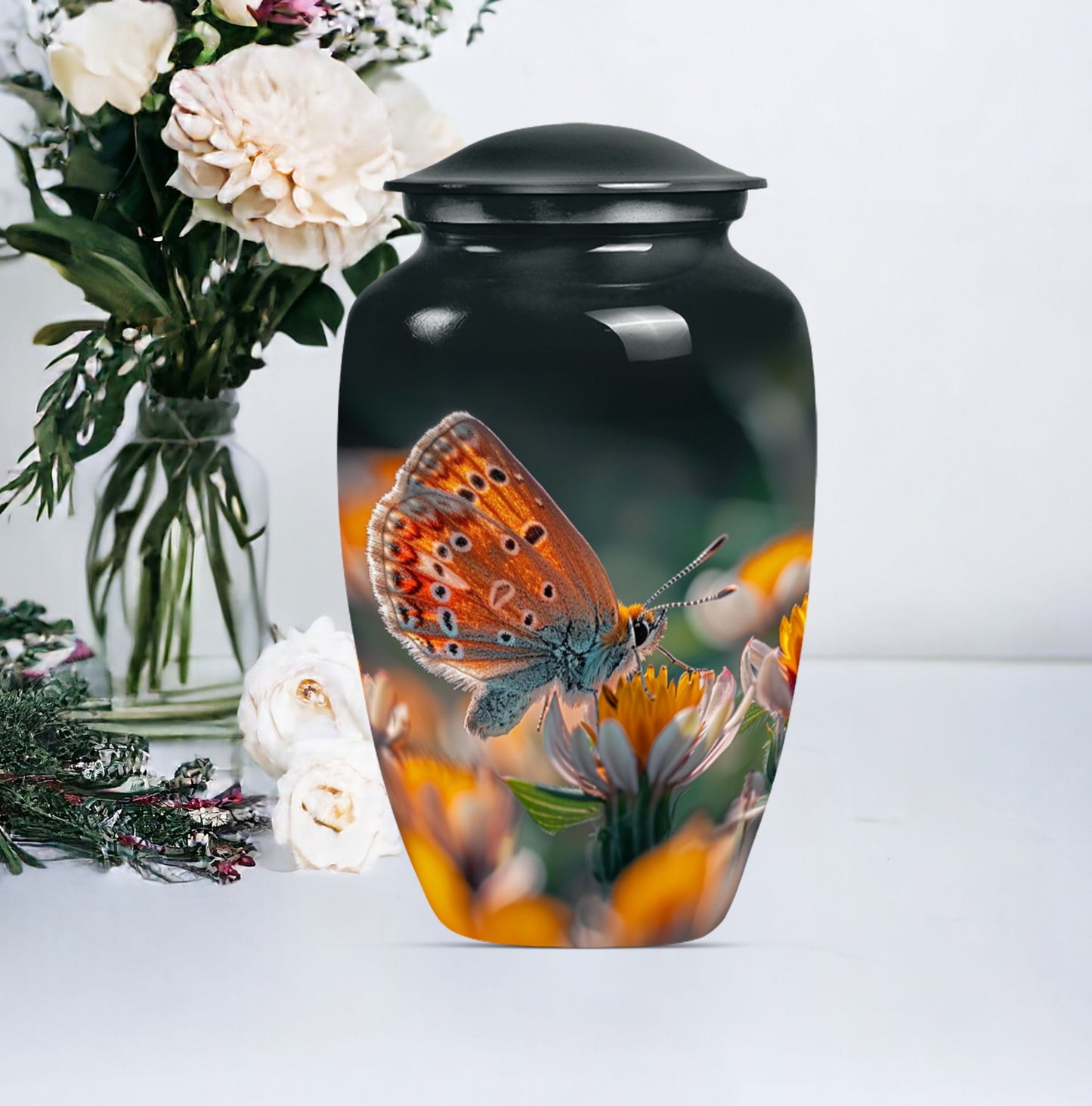 Classic 10-inch butterfly-themed cremation urn.