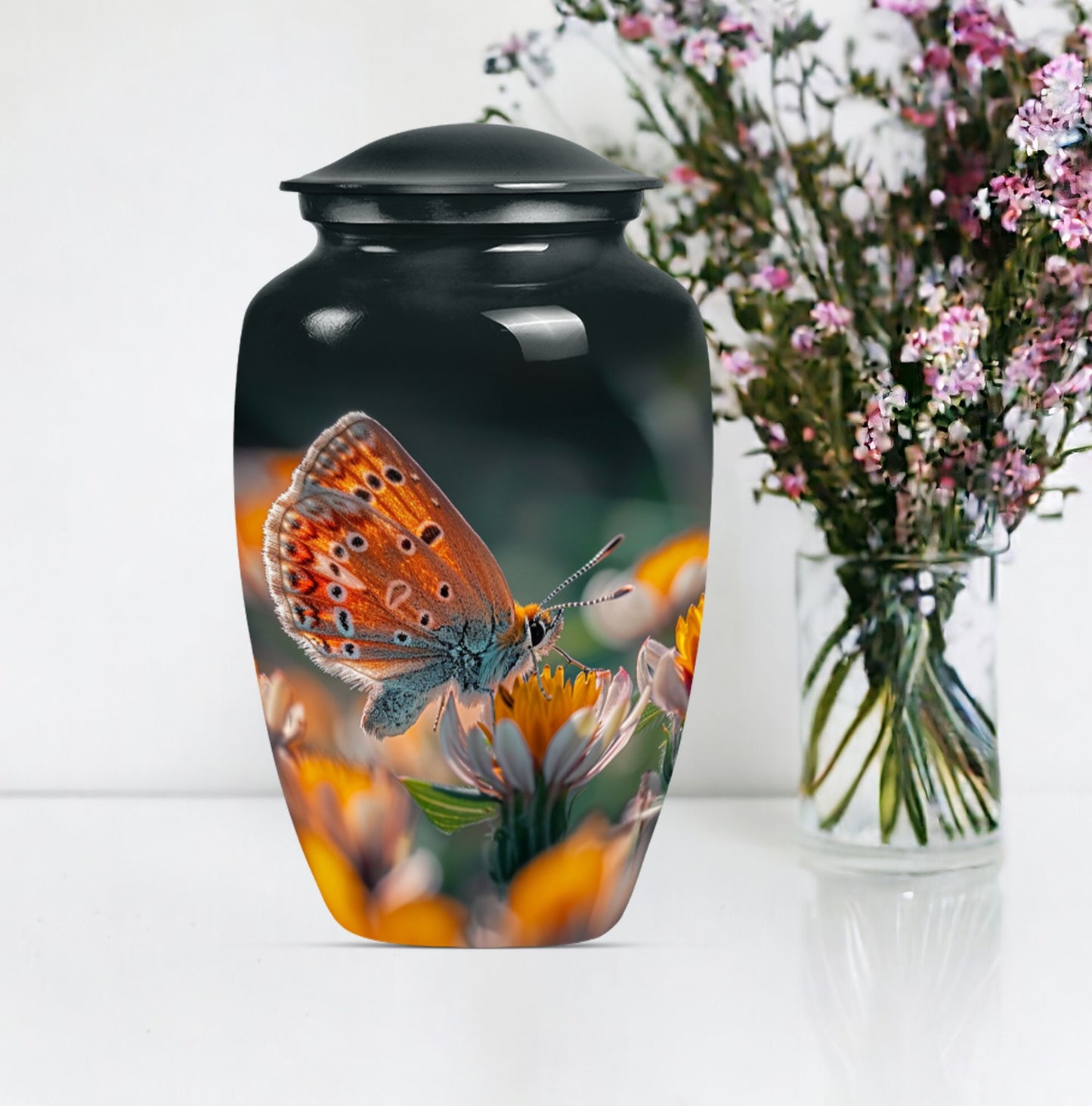 Classic 10-inch butterfly-themed cremation urn.
