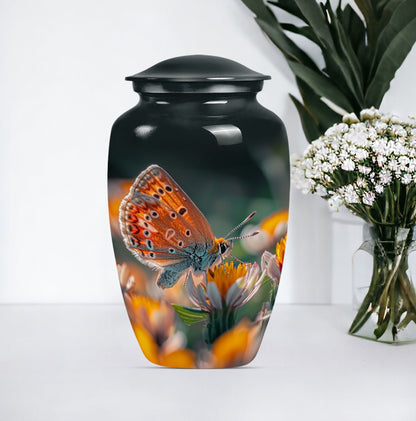 Classic 10-inch butterfly-themed cremation urn.