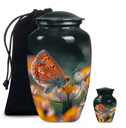 Classic 10-inch butterfly-themed cremation urn.