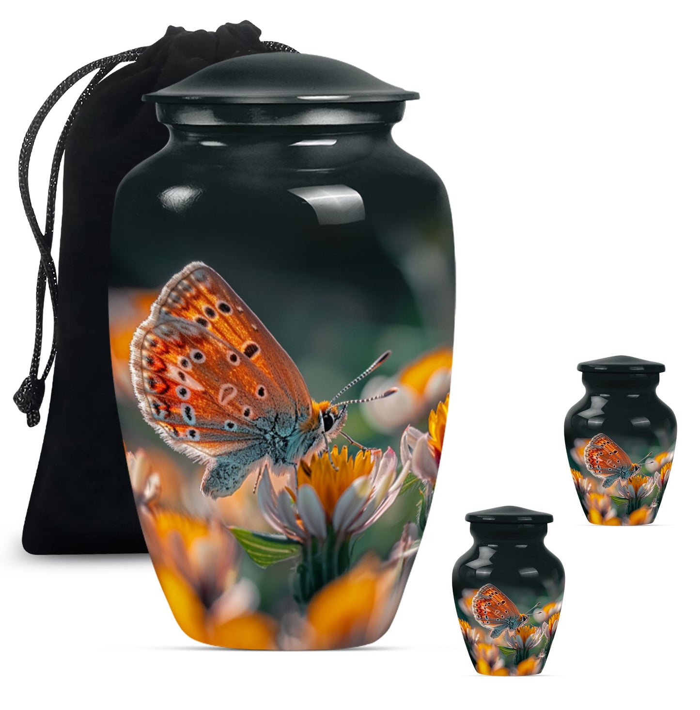 Classic 10-inch butterfly-themed cremation urn.