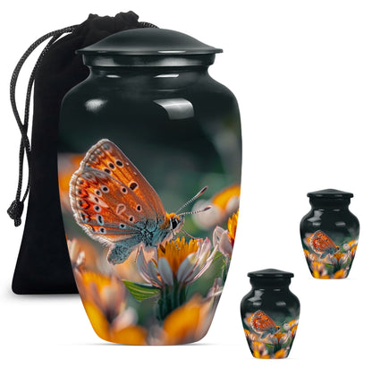 Classic 10-inch butterfly-themed cremation urn.