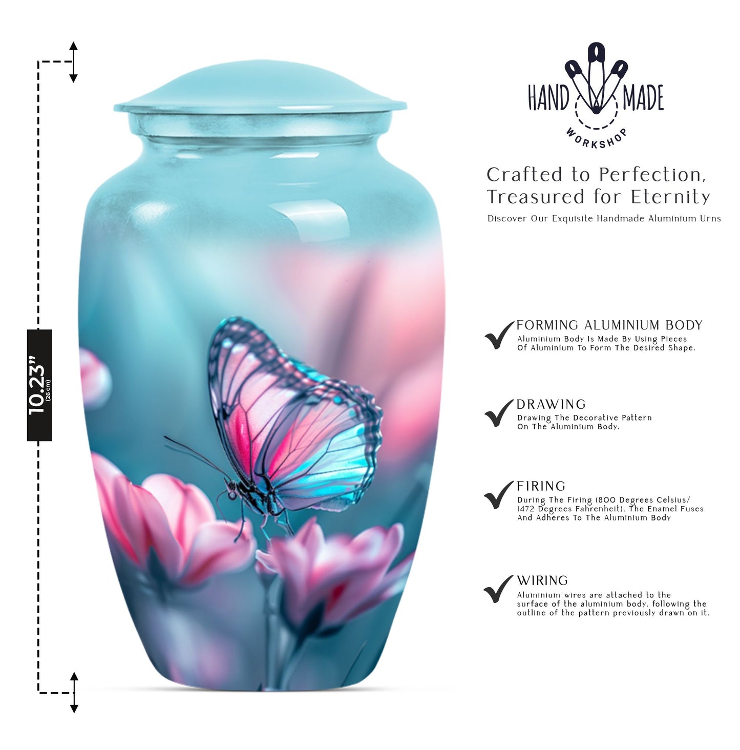 10 inch butterfly themed Aluminium funeral burial urn