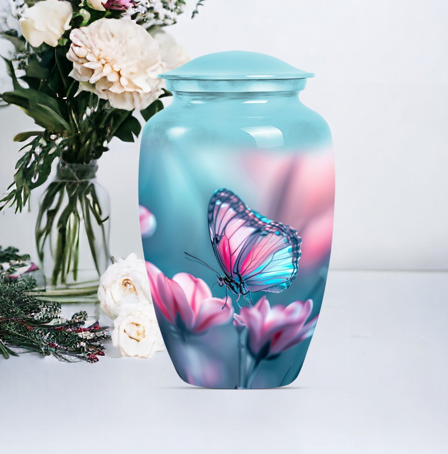 10 inch butterfly themed Aluminium funeral burial urn