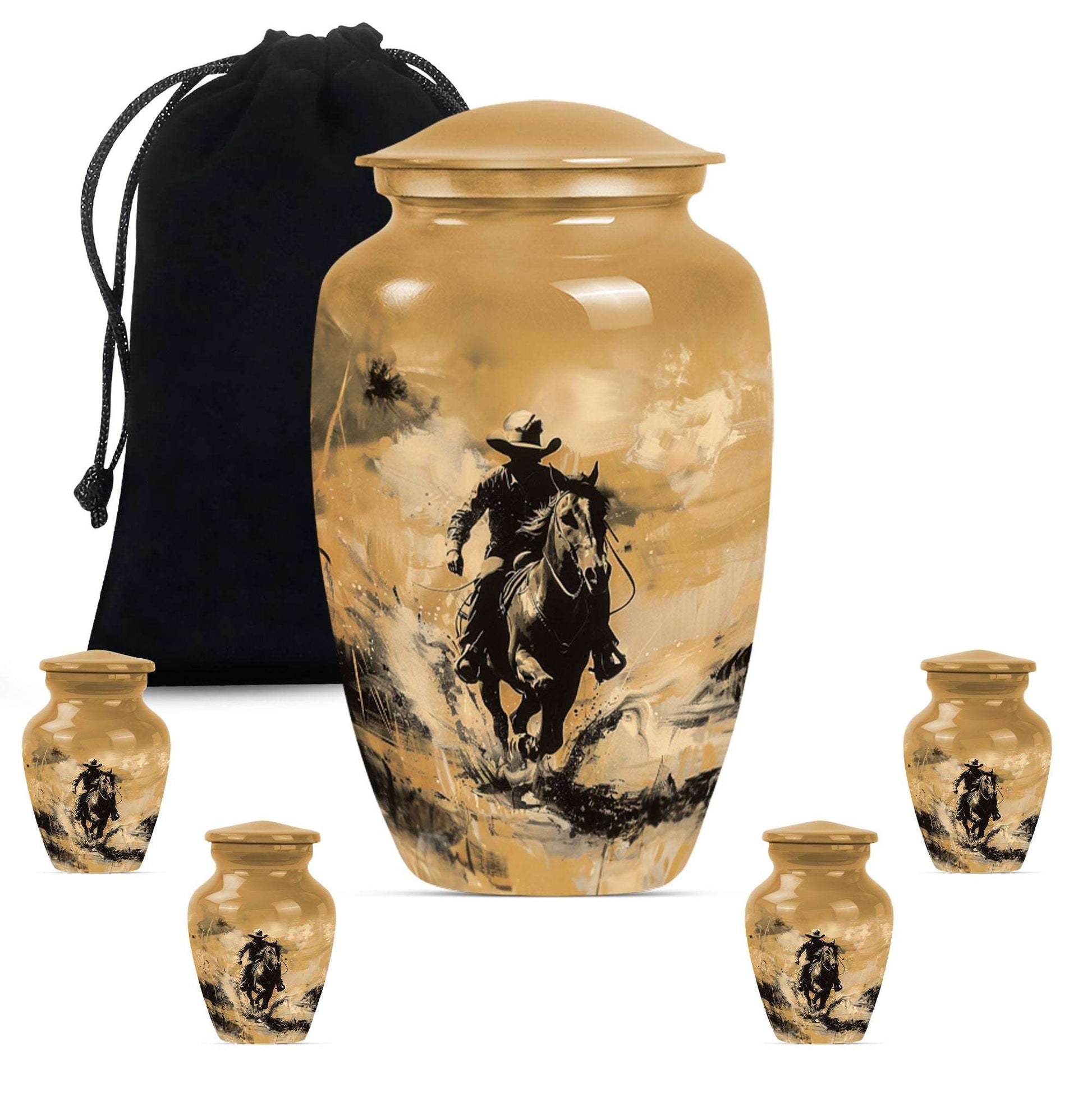 Cowboy Theme Large Urn With 4 Keepsake Urn