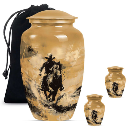 Cowboy Theme Large Urn With 2 Keepsake Urn