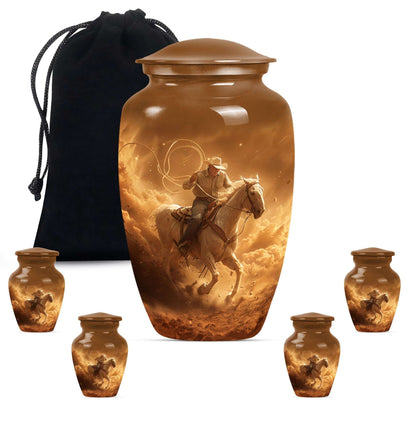Cowboy Theme Large Urn With 4 Keepsake Urn