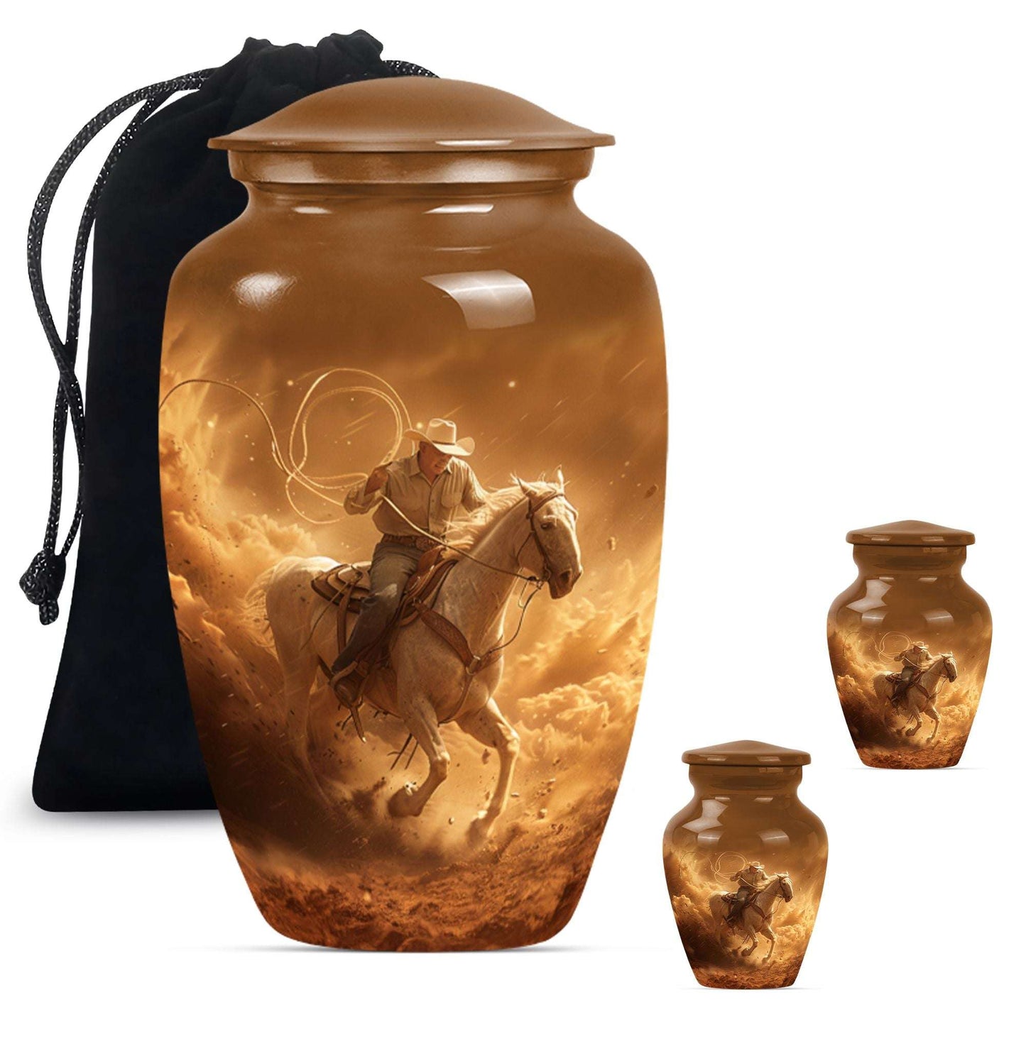 Cowboy Theme Large Urn With 2 Keepsake Urn