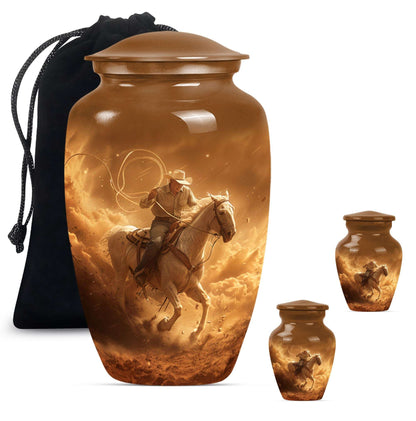 Cowboy Theme Large Urn With 2 Keepsake Urn