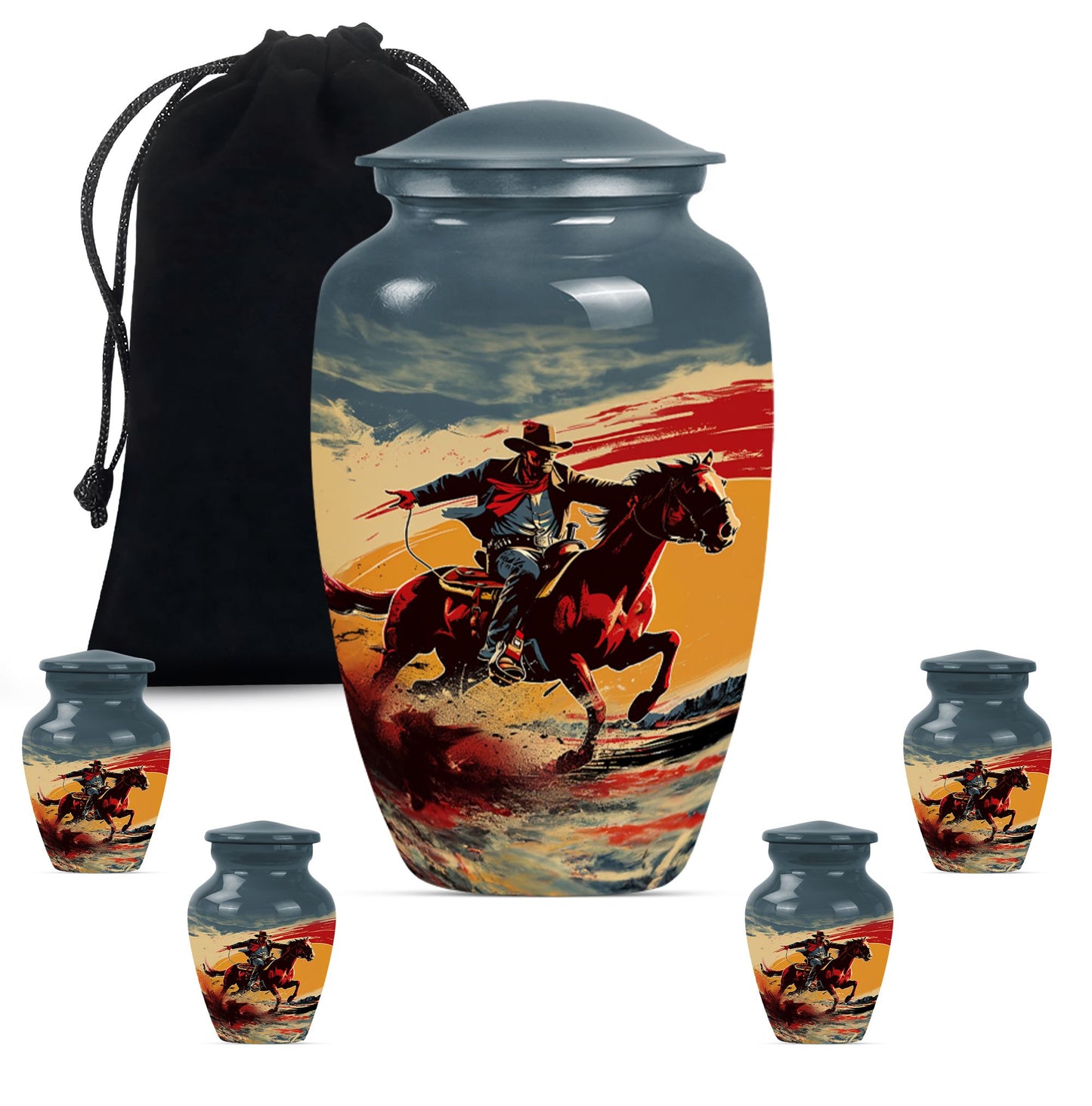 Cowboy Theme Large Urn With 4 Keepsake Urn
