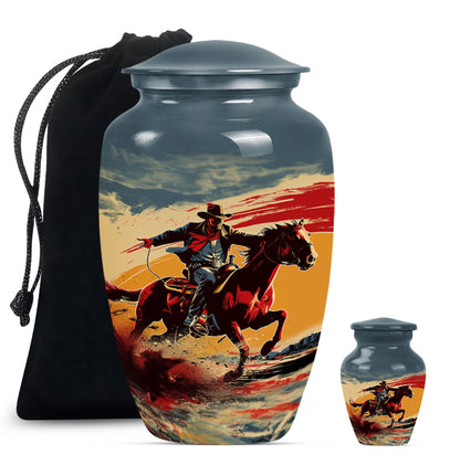 Cowboy Theme Large Urn With 1 Keepsake Urn