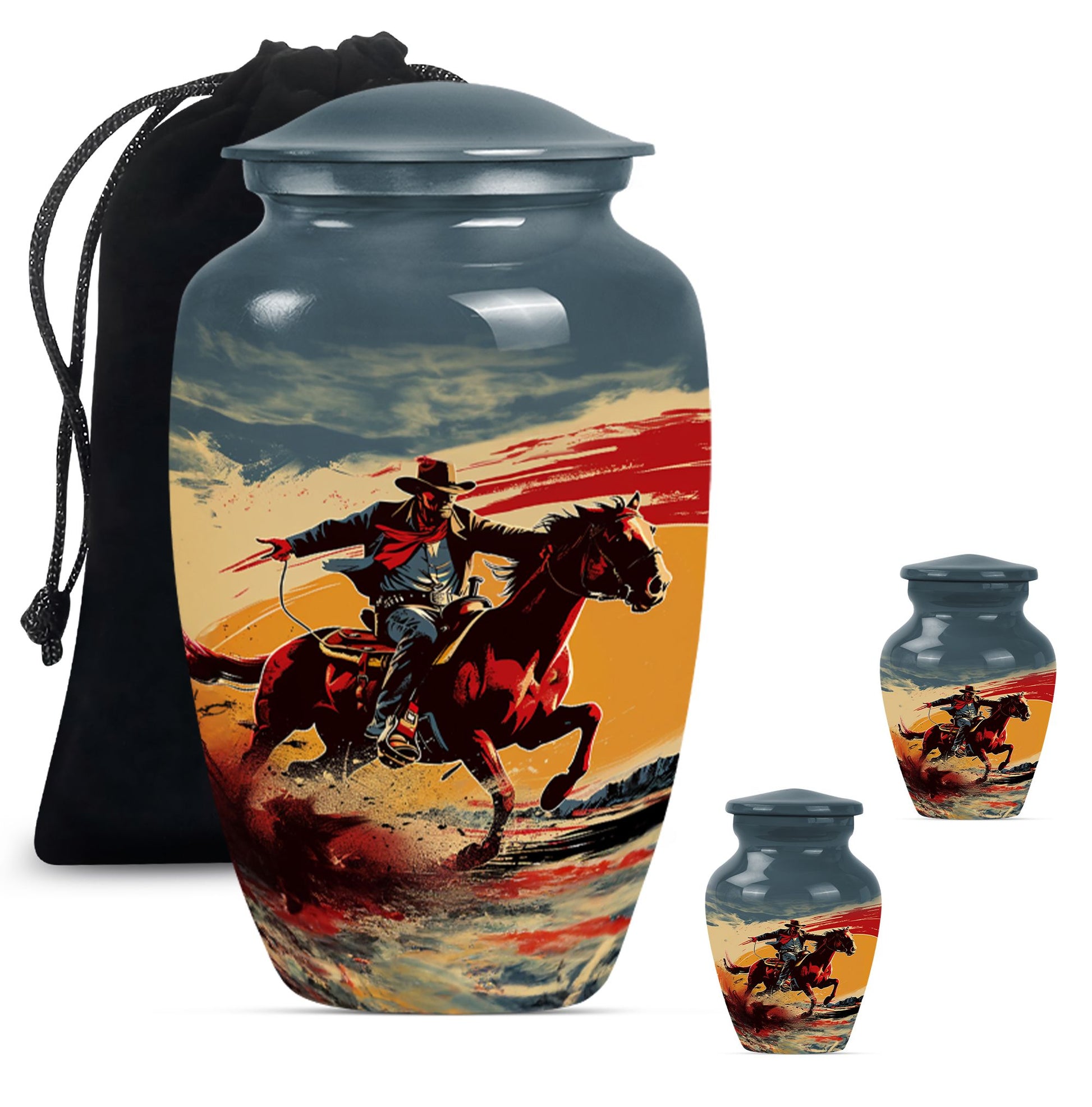 Cowboy Theme Large Urn With 2 Keepsake Urn