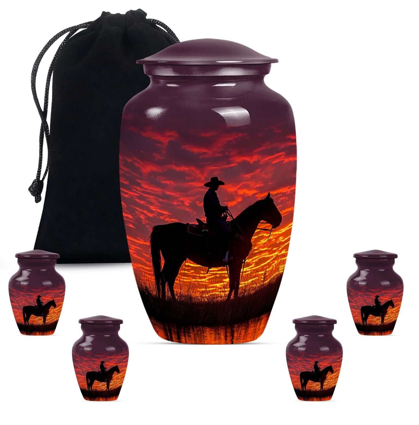 Cowboy Theme Large Urn With 4 Keepsake Urn