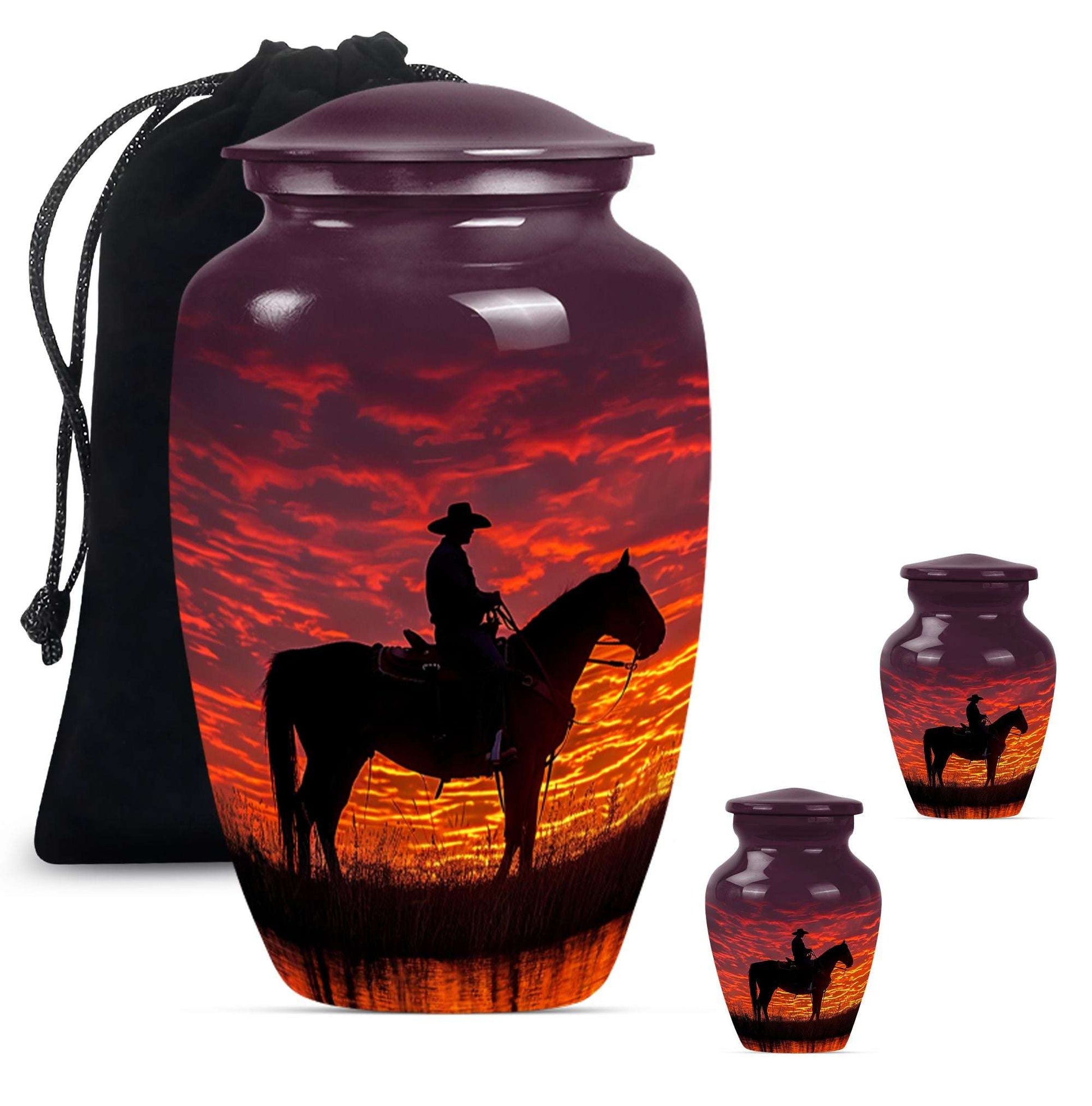 Cowboy Theme Large Urn With 2 Keepsake Urn