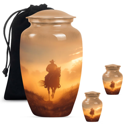 Cowboy Theme Large Urn With 2 Keepsake Urn