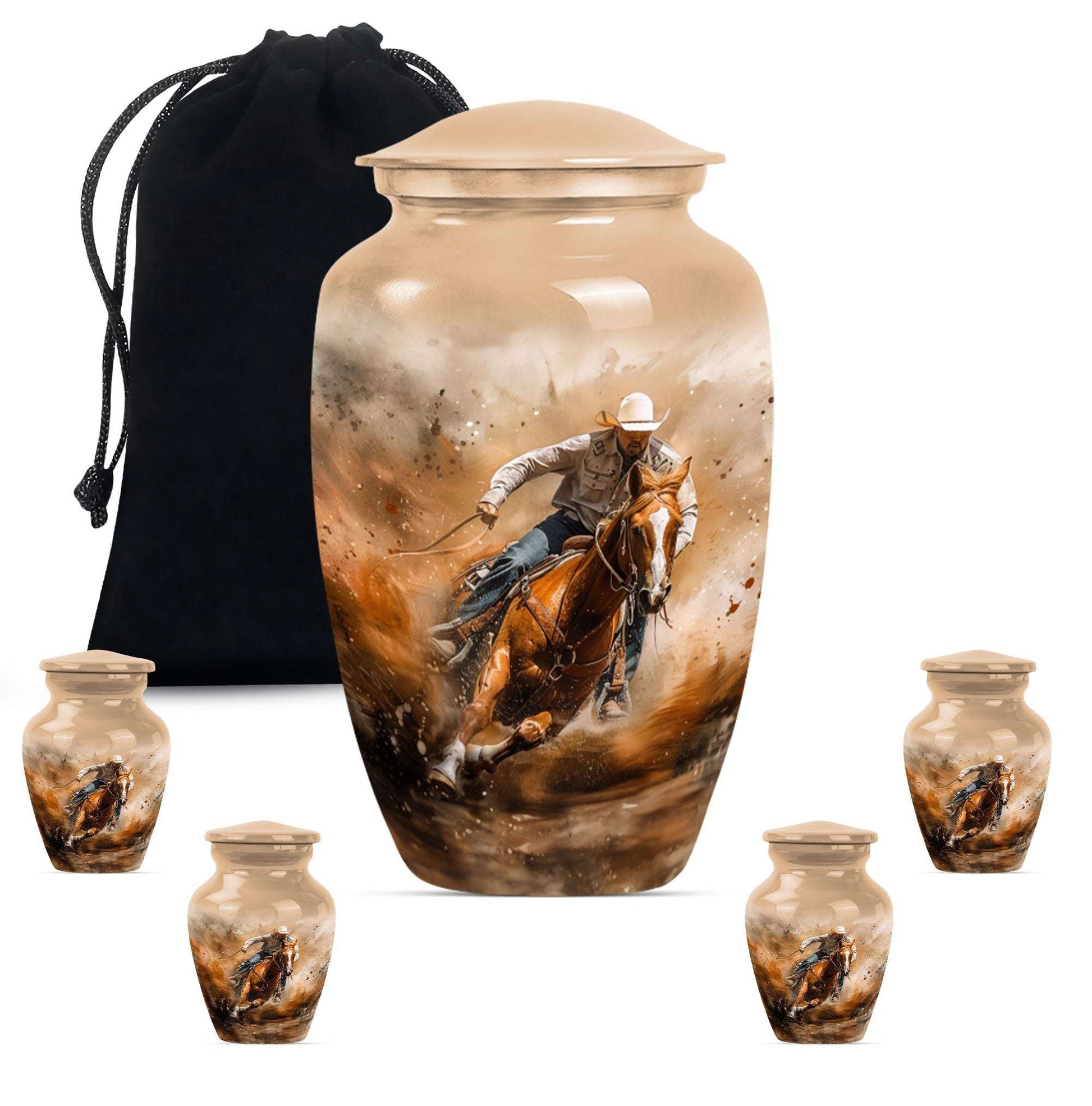 Cowboy Theme Large Urn With 4 Keepsake Urn