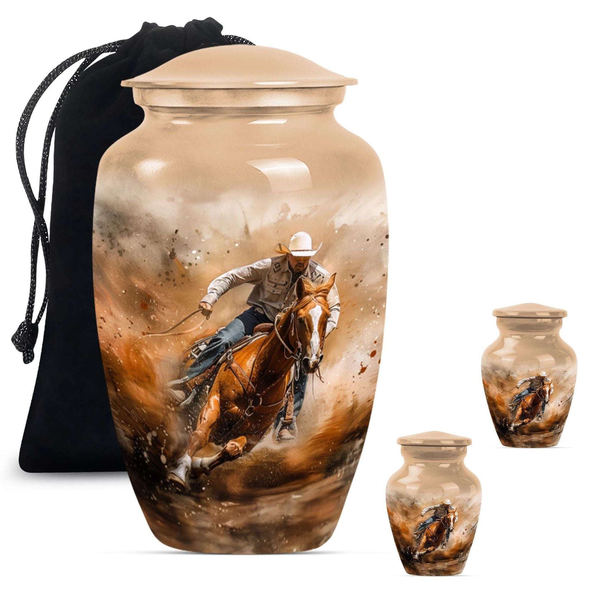 Cowboy Theme Large Urn With 2 Keepsake Urn
