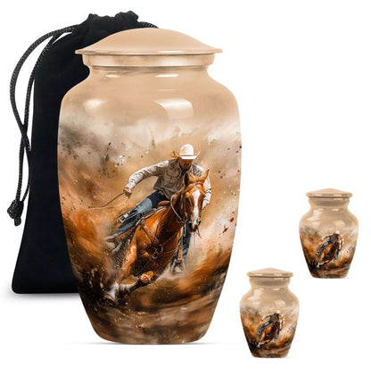 Cowboy Theme Large Urn With 2 Keepsake Urn