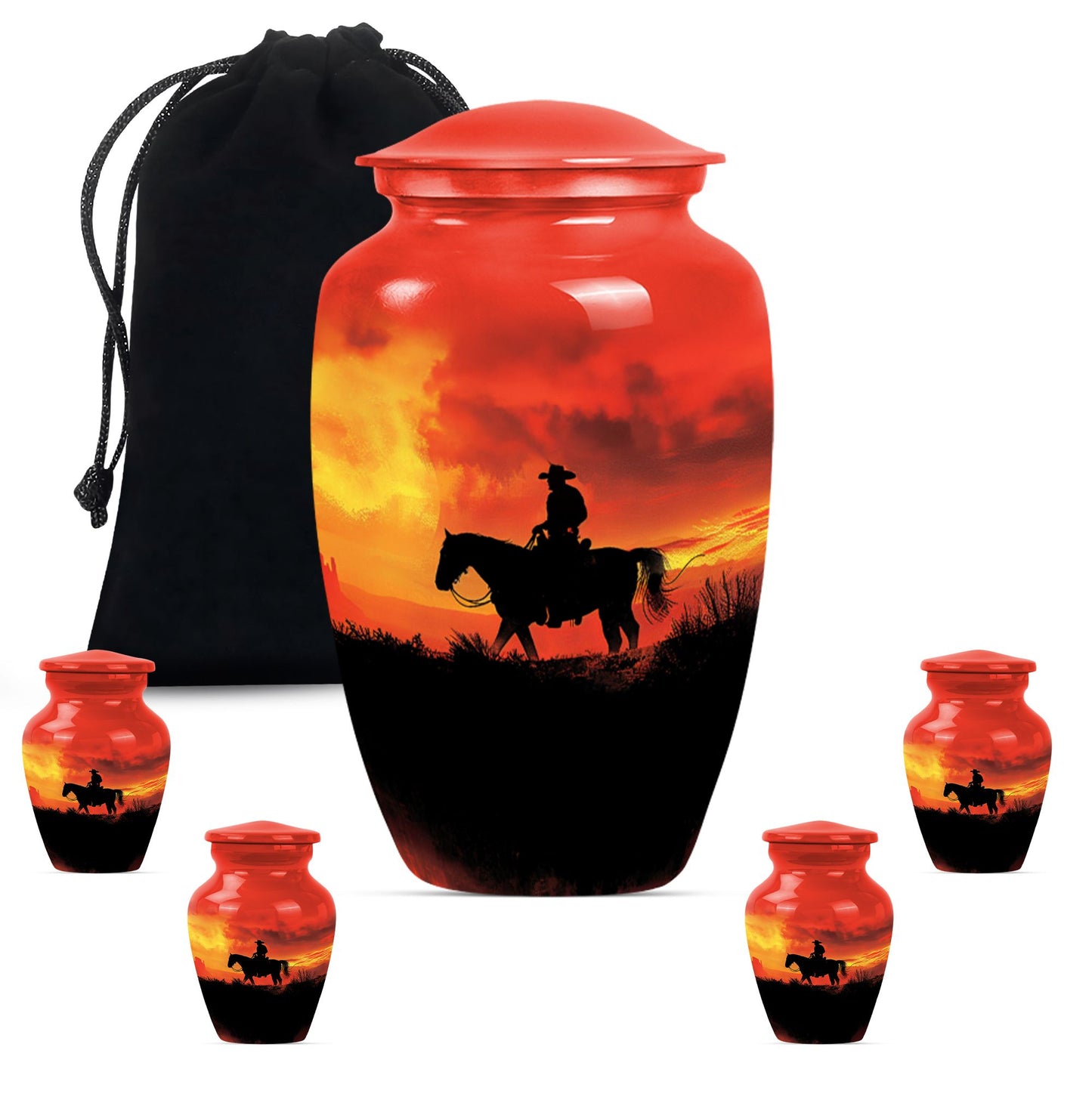 Cowboy Theme Large Urn With 4 Keepsake Urn