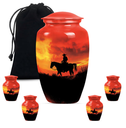 Cowboy Theme Large Urn With 4 Keepsake Urn