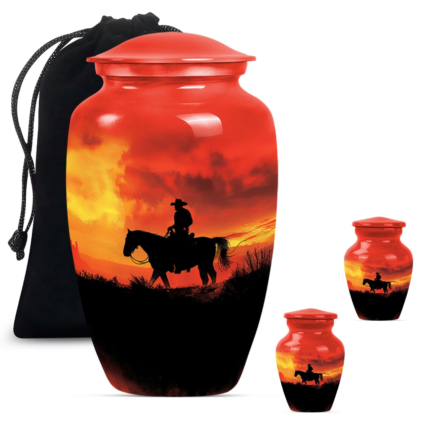 Cowboy Theme Large Urn With 2 Keepsake Urn