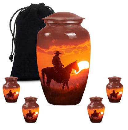 Cowboy Theme Large Urn With 4 Keepsake Urn