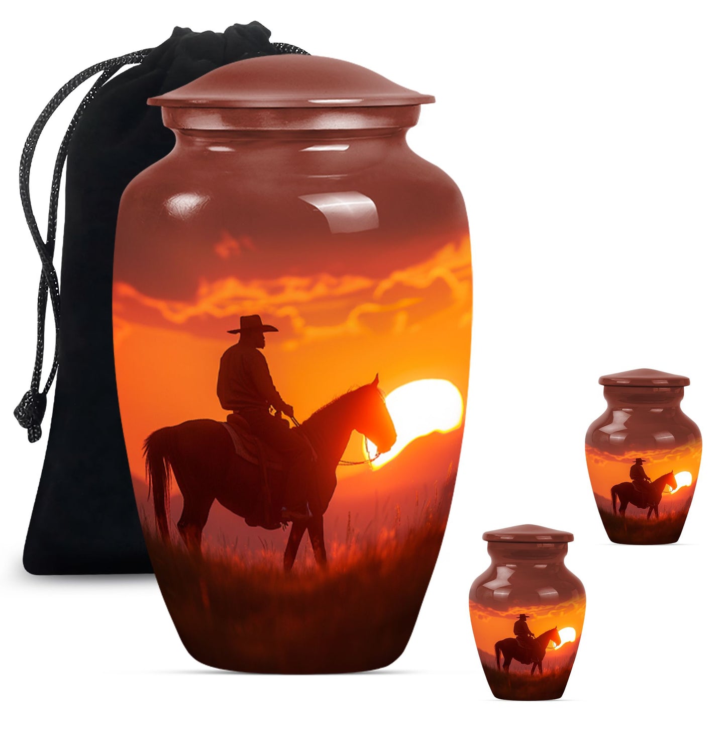 Cowboy Theme Large Urn With 2 Keepsake Urn