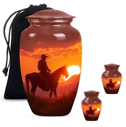 Cowboy Theme Large Urn With 2 Keepsake Urn