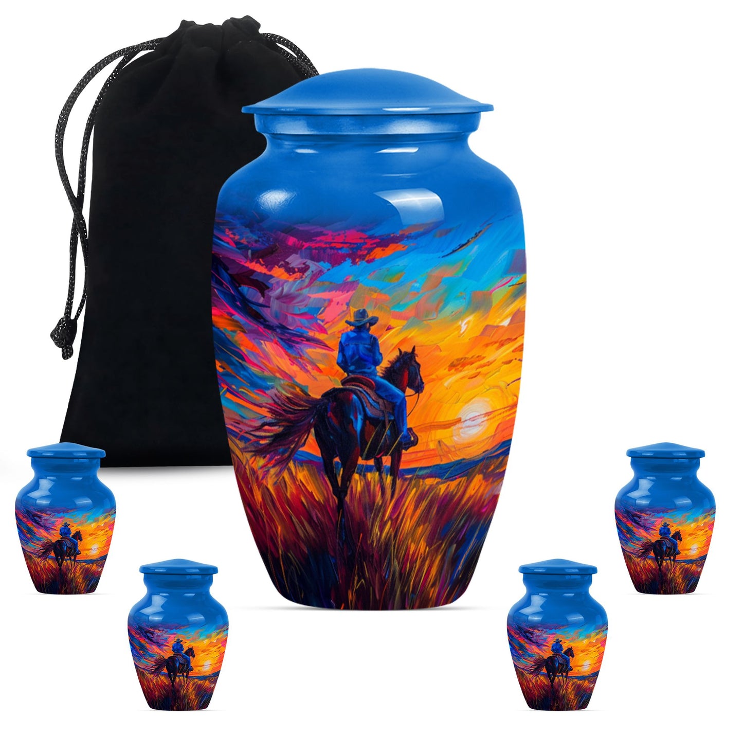 Cowboy Theme Large Urn With 4 Keepsake Urn