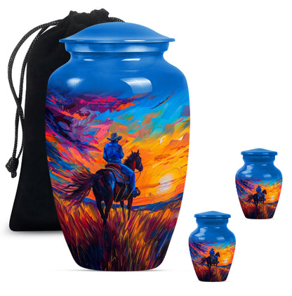 Cowboy Theme Large Urn With 2 Keepsake Urn