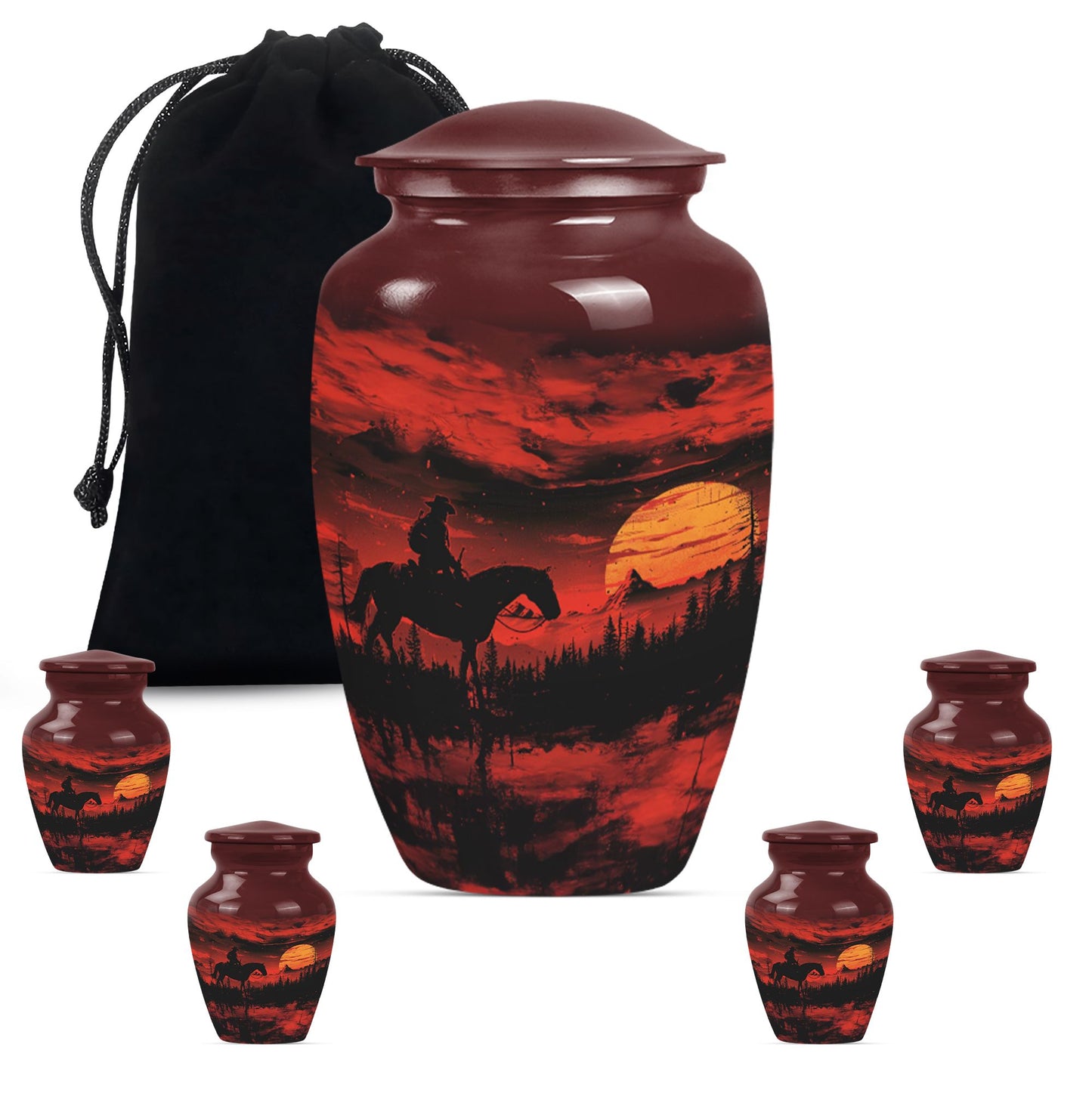 Cowboy Theme Large Urn With 4 Keepsake Urn