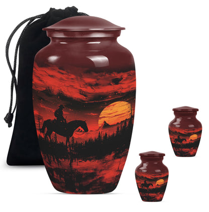 Cowboy Theme Large Urn With 2 Keepsake Urn
